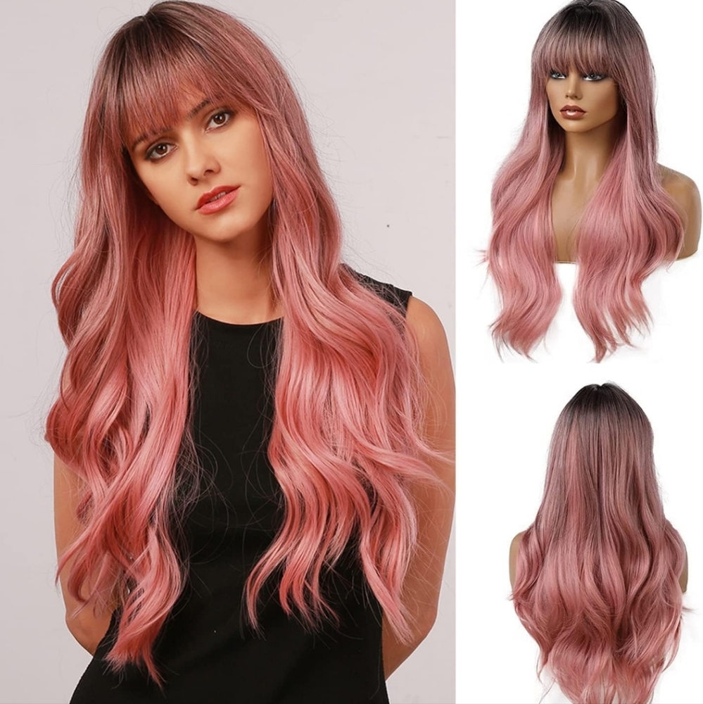 24"Women Synthetic Wigs Long Wavy Ombre Pink with Fluffy Air Bangs